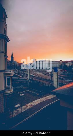 europa, deutschland, sachsen, Blick aus einem Fenster auf den Morgen leipzig Stockfoto