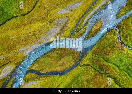 Luftaufnahme des Gletscherflusses in island von oben nach unten, Drohnenaufnahme. Stockfoto