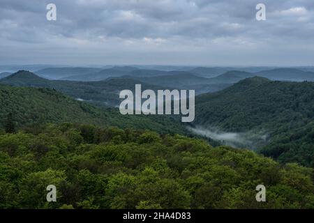 Morgenblick über den Pfälzer Wald vom Luitpold-Turm, Hermersbergerhof, Rheinland-Pfalz, Deutschland Stockfoto