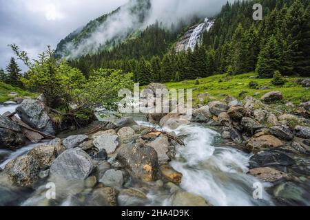 Bergblau Wasser Fluss und Bäume Landschaft natürliche Umgebung. Wandern in den alpen. grawa Wasserfall im stubaital, tirol, österreich. Stockfoto