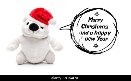 teddybär mit Sprechblase „schöne weihnachten und ein glückliches neues Jahr“ Stockfoto