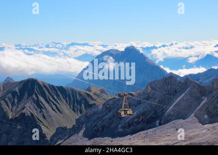 Gipfellift von sonnalpin zur zugspitze, im Hintergrund die hohe munde, wolkenmee, wettersteingebirge blauer Himmel, Wolken, Wolkenstimmung, garmisch-partenkirchen, Loisachtal, oberbayern, bayern, süddeutschland, deutschland, europa, Stockfoto
