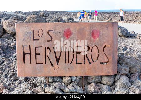 schild, los hervideros Lavafelsenküste, lanzarote, Kanaren, kanarische Inseln, spanien, europa Stockfoto