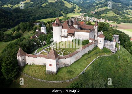 Die Stadt Gruyeres aus dem Luftbild Stockfoto