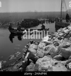 Lubczyna, 1969-12. Niekorzystne warunki atmosferyczne spowodowa³y spiêtrzenie wód jeziora D¹bie, które przerwa³y w okolicy Lubczyny wa³ przeciwpowodziowy i zala³y teren o powerzchni 1000 ha. Nz. ³ódka przy wale przeciwpowodziowym. kw PAP/Andrzej Witusz Dok³adny dzieñ wydarzenia nieustalony. Lubczyna, Dezember 1969. Ungünstigen Wetterbedingungen verursacht Auffüllen der Gewässer des Dabie Lake. Wasser brach einen Damm in der Nähe von Lubczyna und überflutete die Fläche von 1000 Hektar. Im Bild: Ein Boot an einem temporären Staudamm. kw PAP/Andrzej Witusz Stockfoto