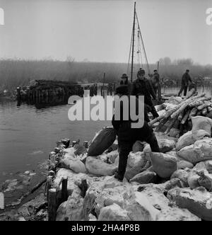 Lubczyna, 1969-12. Niekorzystne warunki atmosferyczne spowodowa³y spiêtrzenie wód jeziora D¹bie, które przerwa³y w okolicy Lubczyny wa³ przeciwpowodziowy i zala³y teren o powerzchni 1000 ha. NZ. Umacnianie wa³u przeciwpowodziowego. kw PAP/Andrzej Witusz Dok³adny dzieñ wydarzenia nieustalony. Lubczyna, Dezember 1969. Ungünstigen Wetterbedingungen verursacht Auffüllen der Gewässer des Dabie Lake. Wasser brach einen Damm in der Nähe von Lubczyna und überflutete die Fläche von 1000 Hektar. Im Bild: Freiwillige, die den Damm stärken. kw PAP/Andrzej Witusz Stockfoto