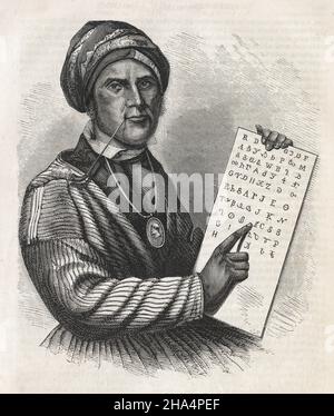 Antike Gravur von Sequoyah aus dem Jahr 1870. Sequoyah (c1770-1843) war ein indianischer Universalgelehrter der Cherokee Nation. QUELLE: ORIGINALGRAVUR Stockfoto