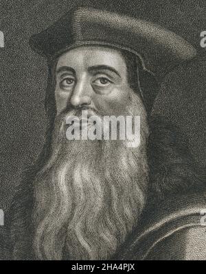 Antike Gravur von Thomas Cranmer aus dem Jahr 1802. Thomas Cranmer (1489-1556) war ein Führer der englischen Reformation und Erzbischof von Canterbury während der Regierungszeit von Heinrich VIII., Edward VI. Und, für kurze Zeit, Mary I. QUELLE: ORIGINALSTICH Stockfoto