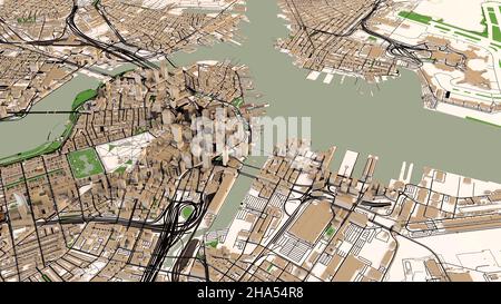Satellitenansicht von Boston. Karte, Straßen und Gebäude. 3D Rendern. Stadtzentrum, Massachusetts. Usa Stockfoto