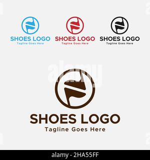 Blau und Schwarz Farbe Schuhgeschäft Logo mit einem Kreis. Minimales Logo-Design. Stock Vektor