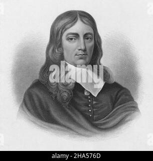 Antike Gravur von John Milton um 1870 von Henry Bryan Hall (New York). John Milton (1608-1674) war ein englischer Dichter und Intellektueller, der als Beamter für das Commonwealth of England diente. QUELLE: ORIGINALGRAVUR Stockfoto