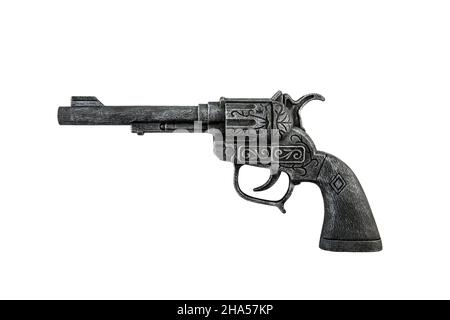 Alte schwarze Revolver Pistole auf weißem Hintergrund mit Clipping-Pfad isoliert Stockfoto