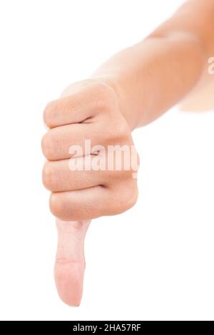 Daumen runter, nah, Detail, Finger, Hände, Nach unten, negativ, zeigen, zeigen, fest, gebärdensprache, Körper, A, Bedeutung, weiß, Single, Zeichen, europäisch, poin Stockfoto