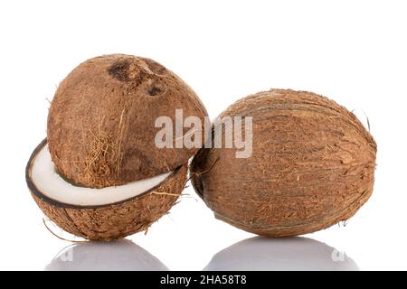 Eine ganze und zwei Hälften reifer Bio-Kokosnuss, Nahaufnahme, isoliert auf Weiß. Stockfoto