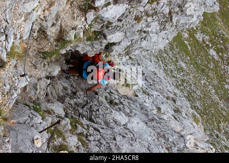 Junge Frauen auf Bergtour über den mittenwalder höhenweg zur Brunnsteinspitze,deutschland,bayern,oberbayern,mittenwald, Stockfoto