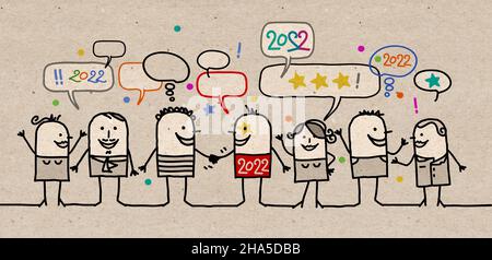 Happy Cartoon Social People feiert das neue Jahr 2022 - braune Papiertextur Stockfoto