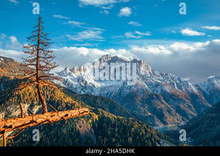 Blick auf den monte civetta vom aussichtspunkt von colle santa lucia aus, mit der eisernen Skulptur von valentino moro, die die Wiedergeburt nach dem Vaia-Sturm symbolisiert, der Hektar Wald in den dolomiten, colle santa lucia, belluno, veneto, italien zerstörte Stockfoto