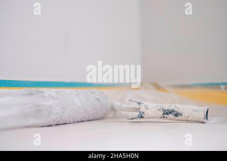 Baustelle, Renovierung und Renovierung einer Wohnung, Detail einer Farbwalze Stockfoto