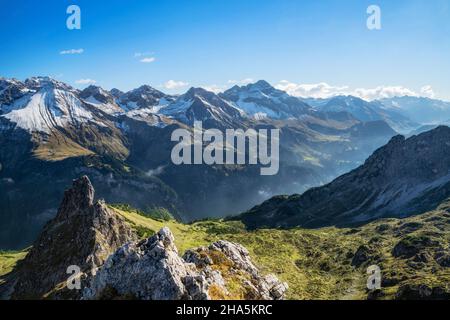 Idyllische Berglandschaft mit schneebedeckten Gipfeln an einem sonnigen Herbsttag. Blick auf den biberkopf, den südlichsten Berg deutschlands. allgäuer alpen, bayern, deutschland, europa Stockfoto