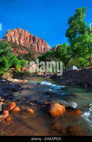 Virgin River und The Watchman Sunset im Zion National Park, Utah Stockfoto