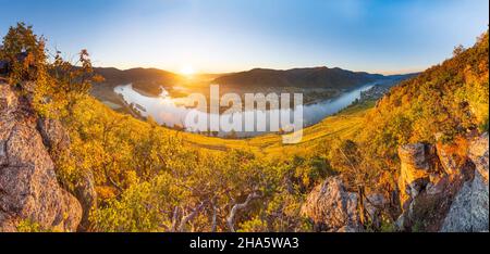 dürnstein, Donauknie bei weißenkirchen, Blick nach dürnstein (links) und weißenkirchen (rechts), Weinberg, Kreuzschiff in wachau, niederösterreich, österreich Stockfoto