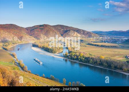 dürnstein, Donauknie bei weißenkirchen, Blick auf dürnstein, Kreuzschiff, Weinberg in wachau, niederösterreich, österreich Stockfoto