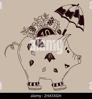 Niedliche dekorative Herbst Schwein Sparschwein Bank. Vektor-Illustration im Hand-Doodle-Stil. Schwein-Sparschwein mit Münze, in Stiefeln unter einem Regenschirm mit Herbstlev Stock Vektor