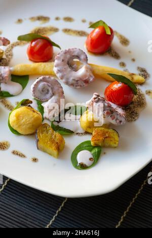 italien,trentino-Südtirol,altadige,Südtirol,eisacktal,sterzing,Altstadt,burkhard bacher Gourmet-Restaurant 'kleine Flamme',Weichkartoffeln und Oktopus - Aubergine - Kokosnusscreme - Kaffeeöl Stockfoto