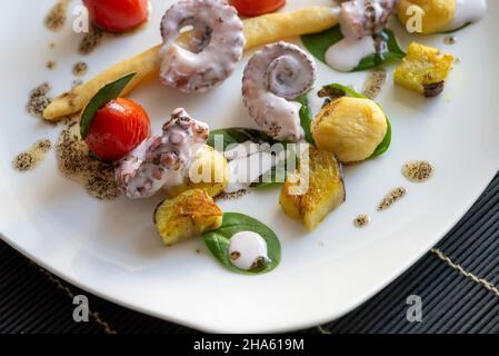 italien,trentino-Südtirol,altadige,Südtirol,eisacktal,sterzing,Altstadt,burkhard bacher Gourmet-Restaurant 'kleine Flamme',Weichkartoffeln und Oktopus - Aubergine - Kokosnusscreme - Kaffeeöl Stockfoto