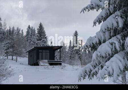 Moderne schwarze Farbe Hütte in verschneiten Kiefernwald in der Ukraine versteckt Stockfoto