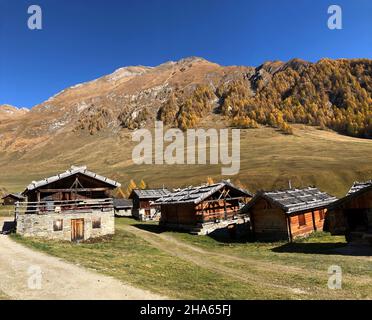 Herbstlandschaft,Hütten der Fanealm in Südtirol,Fane almdorf,malga Fane,Lärchen,Valsertal,dolomiten,brixen,vals,Südtirol,italien Stockfoto