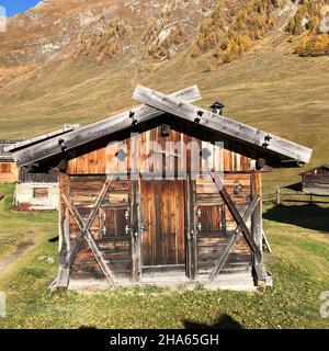 Herbstlandschaft,Einzellandschaft der Fanealm in Südtirol,Fane almdorf,malga Fane,Lärchen,Valsertal,dolomiten,brixen,vals,Südtirol,italien Stockfoto