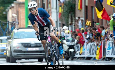 Nielson Powless aus den Vereinigten Staaten in der Spitzenpause während der UCI Road World Championships 2021 in Leuven, Belgien. Stockfoto