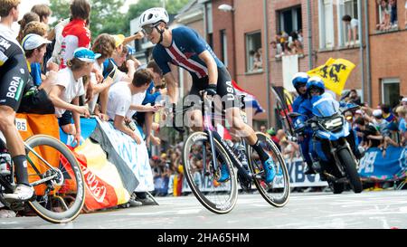 Nielson Powless aus den Vereinigten Staaten in der Spitzenpause während der UCI Road World Championships 2021 in Leuven, Belgien. Stockfoto