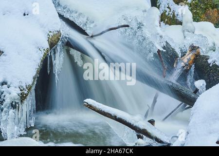 Eiszapfen am Ufer, wilder Fluss höllbach, der im Winter durchfließt, Naturschutzgebiet hölle, bayern, deutschland Stockfoto