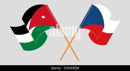 Gekreuzte und winkende Fahnen Jordaniens und der Tschechischen Republik. Vektorgrafik Stock Vektor