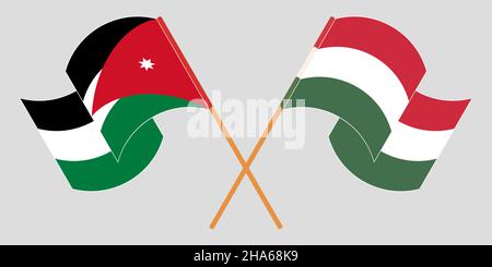 Gekreuzte und winkende Fahnen Jordaniens und Ungarns. Vektorgrafik Stock Vektor