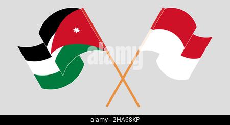 Gekreuzte und winkende Fahnen Jordaniens und Indonesiens. Vektorgrafik Stock Vektor