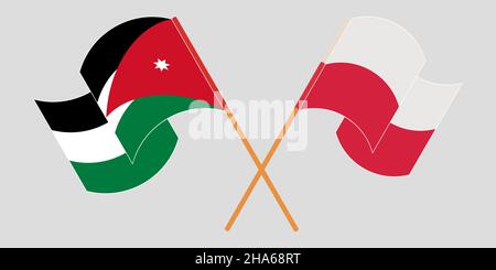 Gekreuzte und winkende Fahnen Jordaniens und Polens. Vektorgrafik Stock Vektor