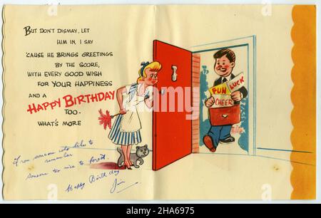 Retro-Design einer Geburtstagskarte - Innenraum, um 1940 Stockfoto