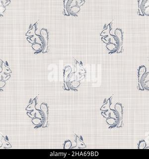Nahtlose französisch Bauernhaus Eichhörnchen Leinen bedruckten Stoff Hintergrund. Provenzalblau graue Musterstruktur. Shabby Chic Stil gewebten Hintergrund. Textil Stockfoto