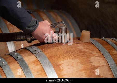 Auffüllen von Weinfässern domaine pommard cote de beaune burgundy frankreich Stockfoto