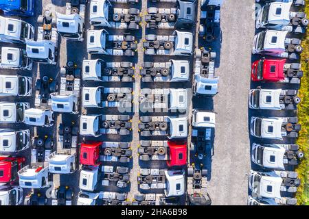 Viele Güterwagen. Autos sind in mehreren Reihen. Parkplatz für Lastwagen. Luftaufnahme vertikal nach unten. Stockfoto