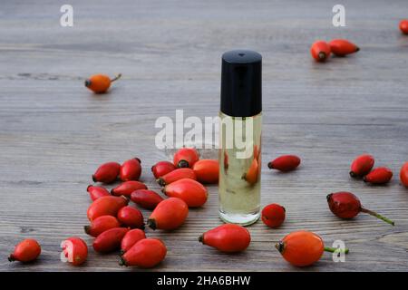 Hunderose (Rosa Canina) roter Hagebuttenöl-Extrakt und natürliche rote Früchte auf einer Schüssel Stockfoto