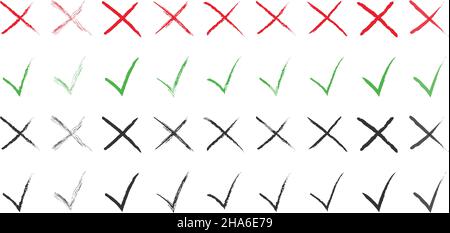 Handgezeichnete Häkchen ja nein isoliert auf weißem Hintergrund. Vektor-Checkliste markiert Symbolsatz. Vektorgrafik Stock Vektor