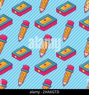 Bleistift und Bleistiftspitzer nahtlose Muster Vektor-Illustration in flachem Stil Stock Vektor