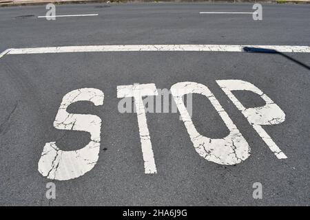 Stop-Schild gemalt auf Asphalt Fahrbahn Stockfoto