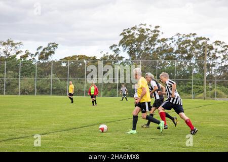 Sydney, Australien Herren Amateur Breitenfußball Fußballspiel für über 55-Jährige, gespielt auf dem Rasen in Sydney Stockfoto