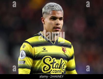 London, England, 10th. Dezember 2021. Cucho Hernandez vom Watford FC schaut während des Premier League-Spiels im Brentford Community Stadium, London, auf. Bildnachweis sollte lauten: Jacques Feeney / Sportimage Kredit: Sportimage/Alamy Live News Stockfoto