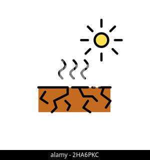 Dürrekatastrophe. Gerissene Erde und Sonne, die Hitzewellen aussenden. Pixel perfekt, editierbare Kontur farbenfrohes Symbol Stock Vektor